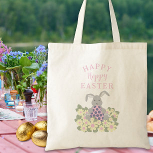Happy Hoppy Easter Cute Bunny Floral Tote Bag