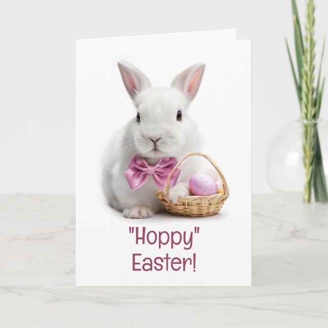 Happy Hoppy Easter White Bunny Eggs Card (Front)