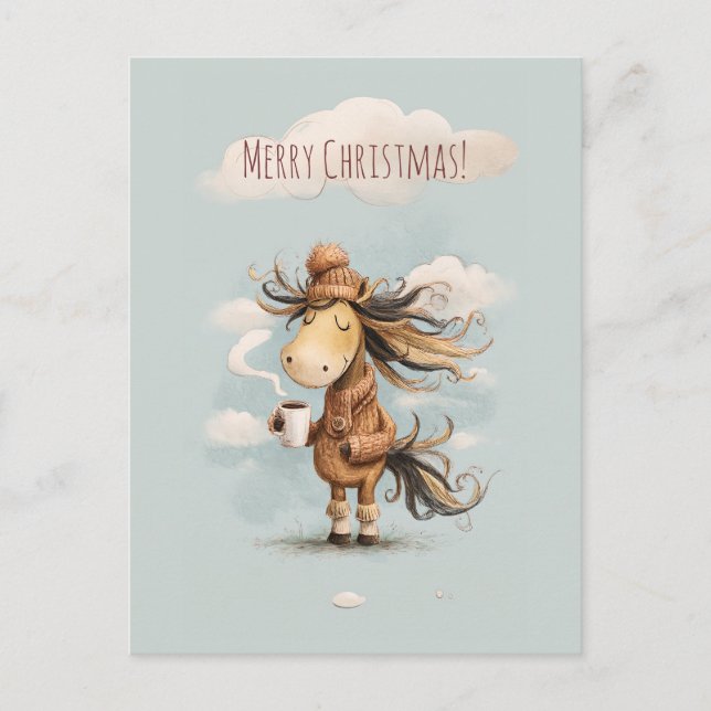 Happy horse enjoys a warm drink, Christmas holiday (Front)