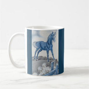 happy horse in blue coffee mug