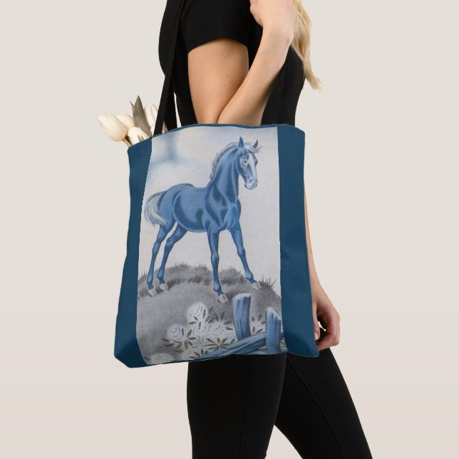 happy horse in blue tote bag (Close Up)