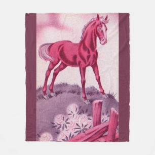 happy horse in pink fleece blanket