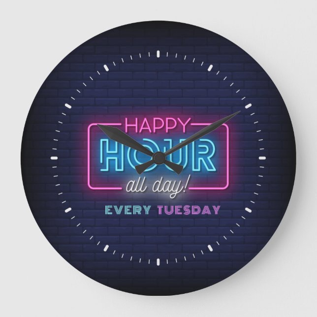 Happy Hour All Day Neon Sign Custom Text Large Clock (Front)