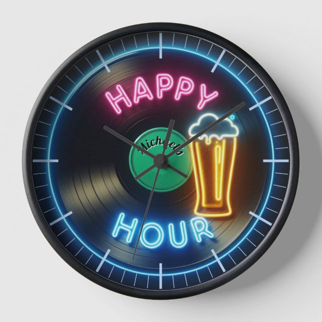 Happy Hour Bar Clock Neon Beer Custom Name Mancave (Front)