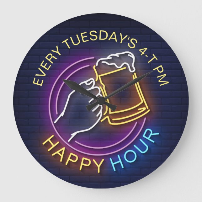 Happy Hour Neon Signs Style Text Beer Stain Large Clock (Front)