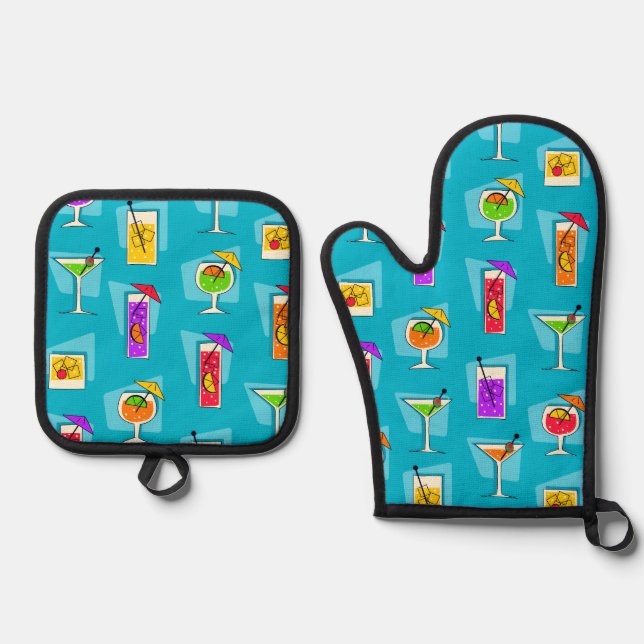 Happy Hour Retro Hawaiian Tropical Drinks Turq Oven Mitt & Pot Holder Set (Front)
