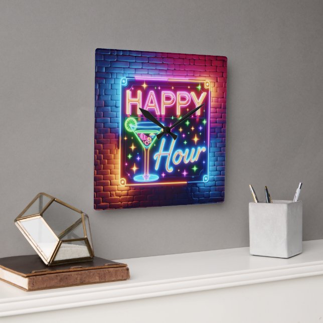 Happy Hour Sign On Rainbow Brick Square Wall Clock (Office)