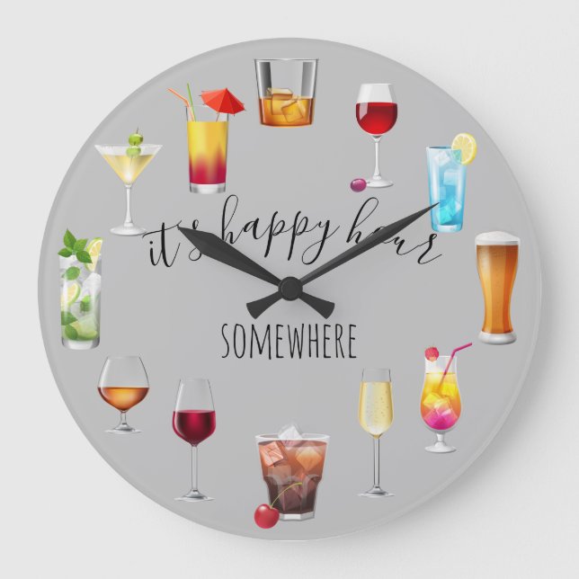 Happy Hour Somewhere Tropical Cocktail Beer Wine Large Clock (Front)