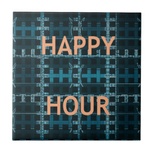 Happy Hour Text Blue Vector Art Print Ceramic Tile