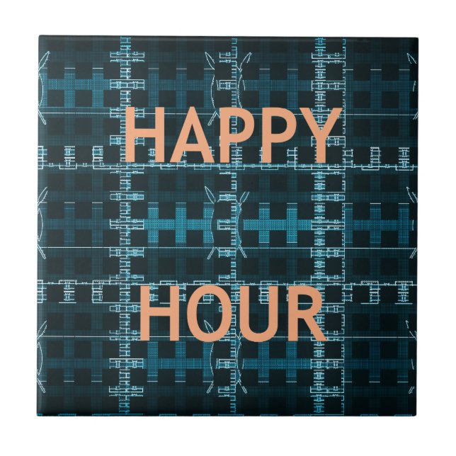 Happy Hour Text Blue Vector Art Print Ceramic Tile (Front)