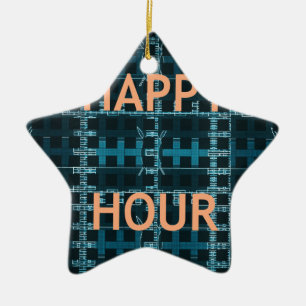 Happy Hour Text Blue Vector Art Print Ceramic Tree Decoration