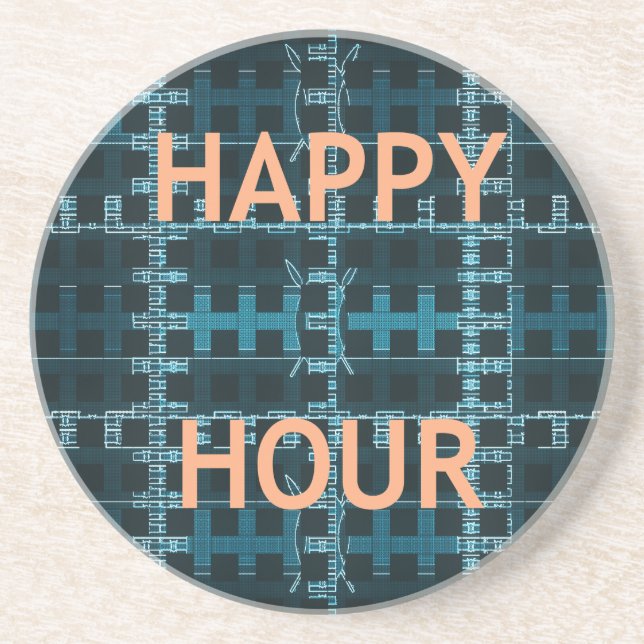 Happy Hour Text Blue Vector Art Print Coaster (Front)