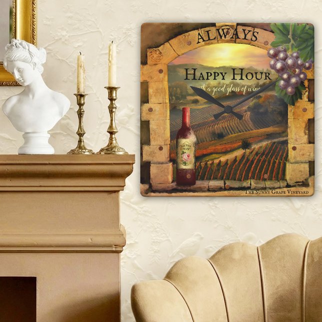 Happy Hour Wine Vineyard Fine Art Wall Clock (Clock featuring a fine art painting of a sunset over a vineyard with a Roman arch with grapes)
