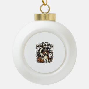 Happy Howl-O-Ween Beagle Witch Hat Halloween Shirt Ceramic Ball Christmas Ornament