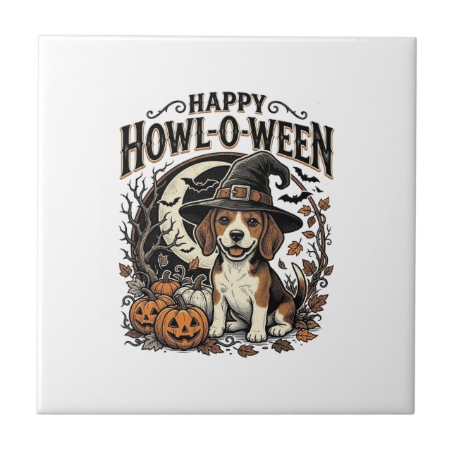 Happy Howl-O-Ween Beagle Witch Hat Halloween Shirt Ceramic Tile (Front)
