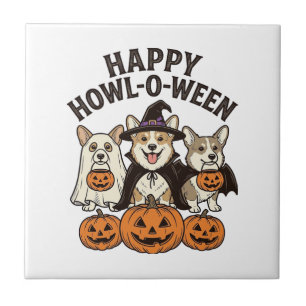 Happy Howl-O-Ween Corgi Halloween Dog Vector Desig Ceramic Tile