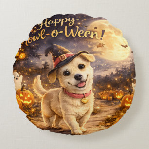 Happy Howl-o-Ween Cute Dog Halloween Design Round Cushion