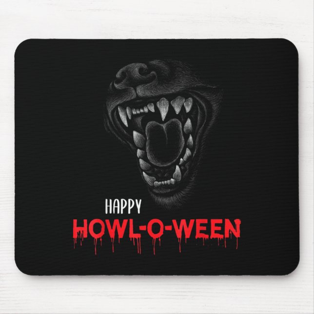 Happy Howl-O-Ween Scary Howling Dog Wolf Teeth Mouse Pad (Front)