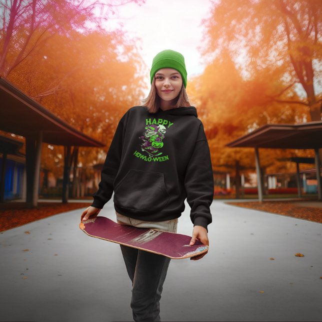 Happy Howl-o-ween Wolf Riding on Skateboard Hoodie (Creator Uploaded)