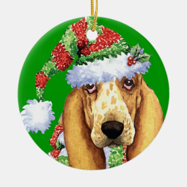 Happy Howliday Basset Ceramic Ornament (Front)