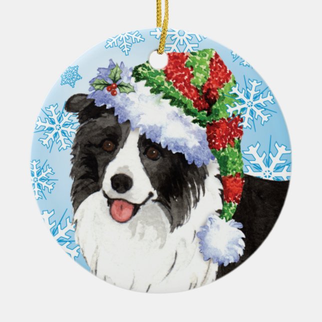Happy Howliday Border Collie Ceramic Tree Decoration (Front)