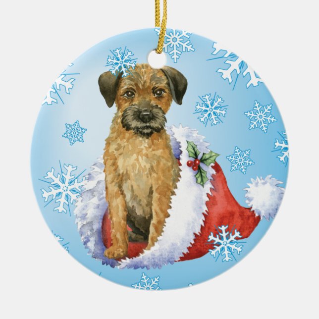 Happy Howliday Border Terrier Ceramic Tree Decoration (Front)