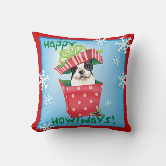 Happy Howliday Boston Terrier Cushion (Front)