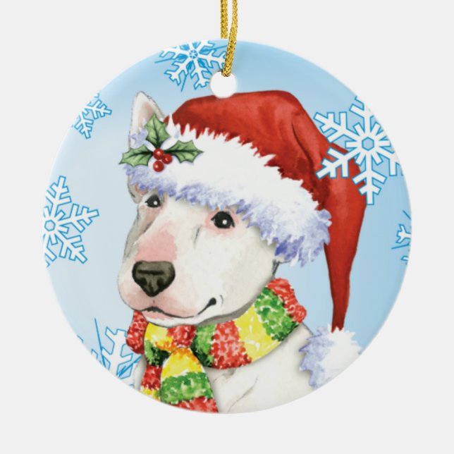 Happy Howliday Bull Terrier Ceramic Tree Decoration (Front)