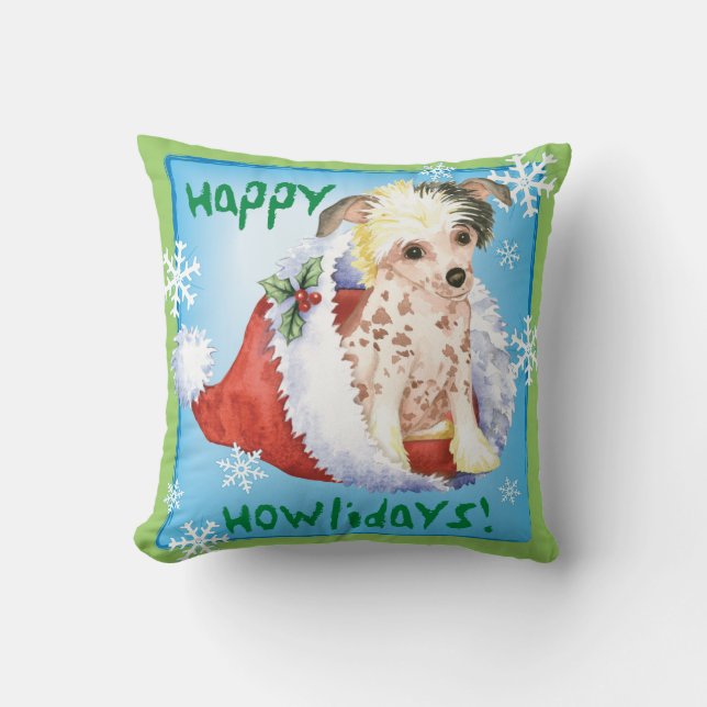 Happy Howliday Chinese Crested Cushion (Front)