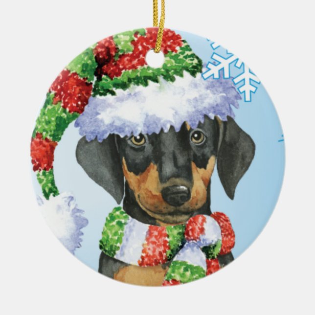 Happy Howliday Doberman Ceramic Ornament (Front)