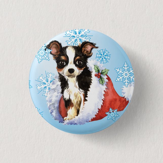 Happy Howliday Long Coat Chihuahua 3 Cm Round Badge (Front)