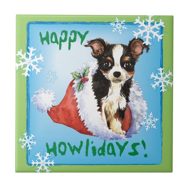 Happy Howliday Long Coat Chihuahua Ceramic Tile (Front)