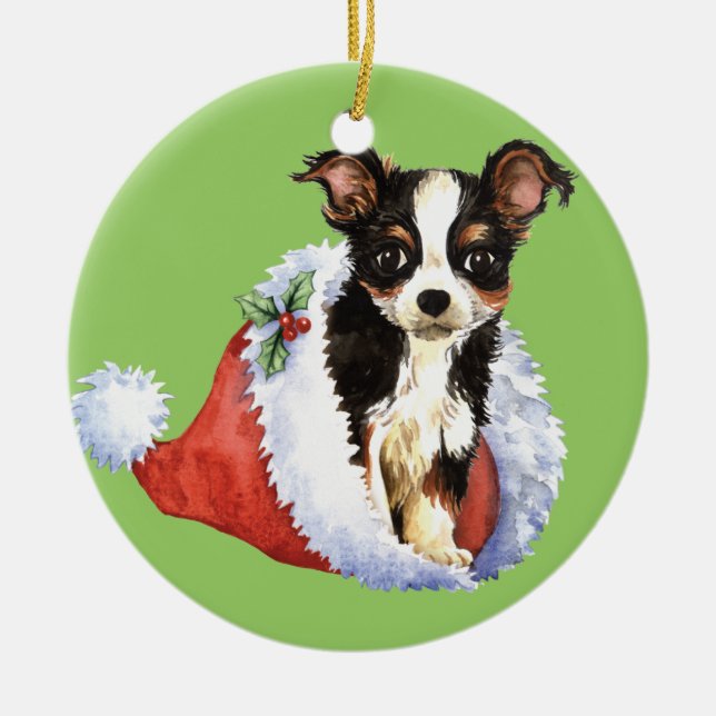 Happy Howliday Long Coat Chihuahua Ceramic Tree Decoration (Front)