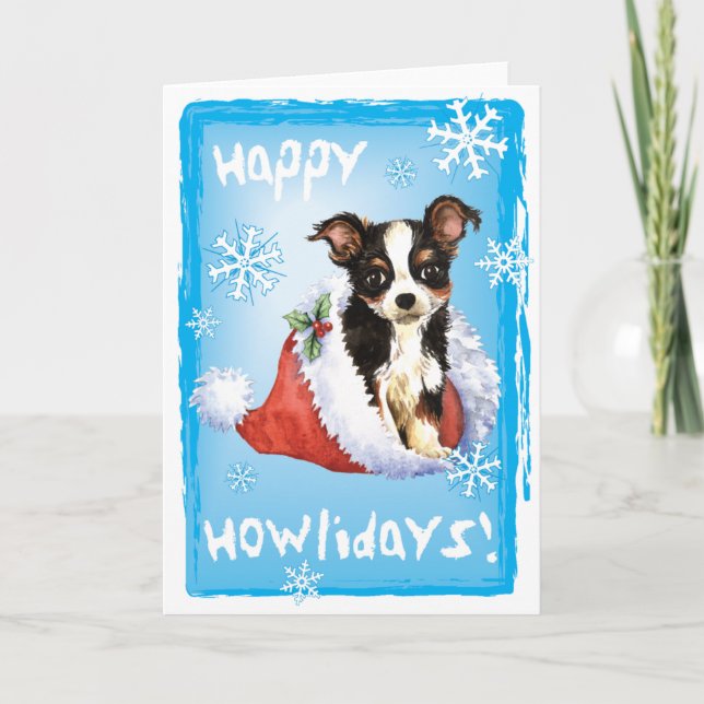 Happy Howliday Long Coat Chihuahua Holiday Card (Front)