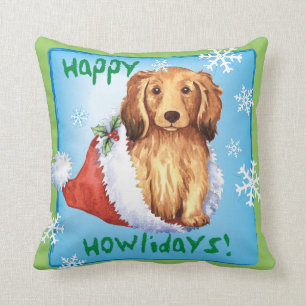 Happy Howliday Longhaired Dachshund Cushion