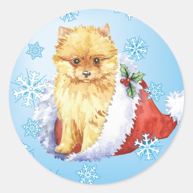 Happy Howliday Pomeranian Classic Round Sticker (Front)