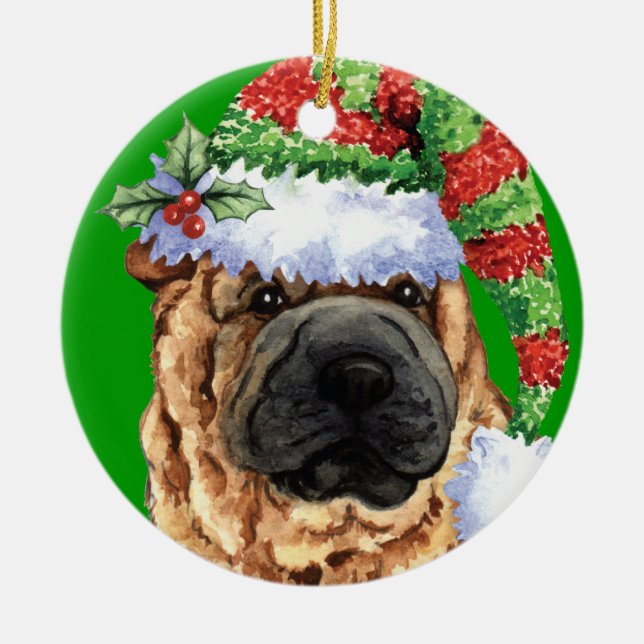 Happy Howliday Shar-Pei Ceramic Ornament (Front)