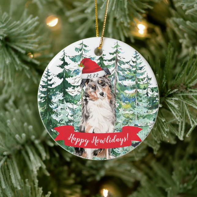 Happy Howlidays Australian Shepherd Dog Christmas  Ceramic Ornament (Tree)