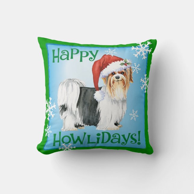 Happy Howlidays Biewer Terrier Throw Pillow (Front)