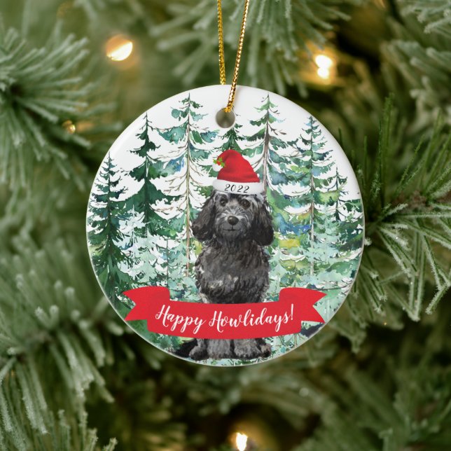 Happy Howlidays Black Cockapoo Dog Christmas Ceramic Ornament (Tree)