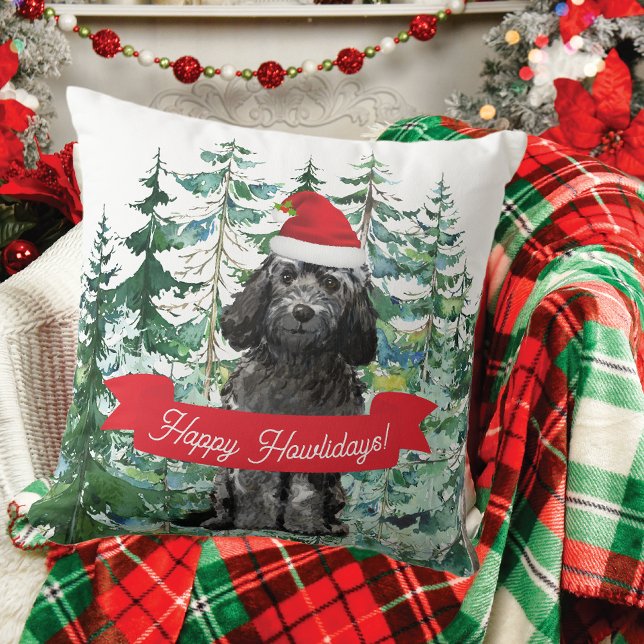 Happy Howlidays Black Cockapoo Dog Christmas Cushion (Creator Uploaded)