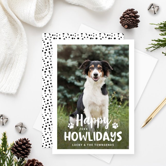 Happy Howlidays Black White Puppy Dog Photo Holiday Card (Creator Uploaded)