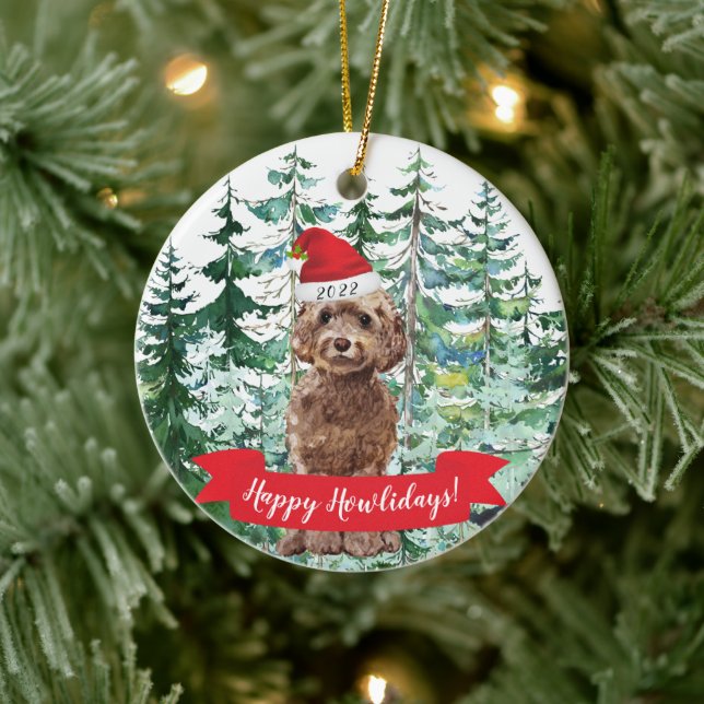 Happy Howlidays Brown Cockapoo Dog Christmas Ornam Ceramic Ornament (Tree)