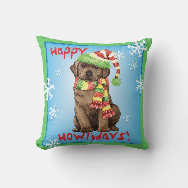 Happy Howlidays Chocolate Lab Cushion (Front)