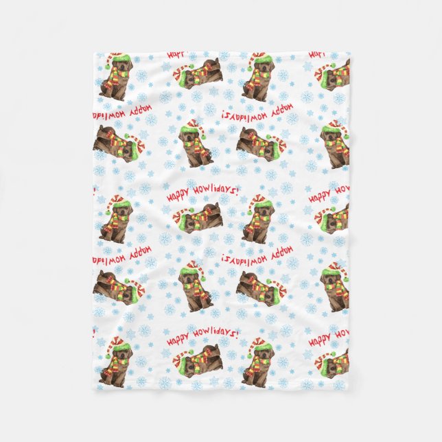 Happy Howlidays Chocolate Lab Fleece Blanket (Front)