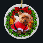 Happy Howlidays Custom Pet Photo Ceramic Ornament<br><div class="desc">Green wreath with a bright red bow,  where you can add your favourite pet or family photo. Customise the back with your own special date or saying. Perfect for gift giving or your pet's first Christmas!</div>