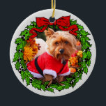 Happy Howlidays Custom Pet Photo Ceramic Ornament<br><div class="desc">Green wreath with a bright red bow,  where you can add your favourite pet or family photo. Customise the back with your own special date or saying. Perfect for gift giving or your pet's first Christmas!</div>