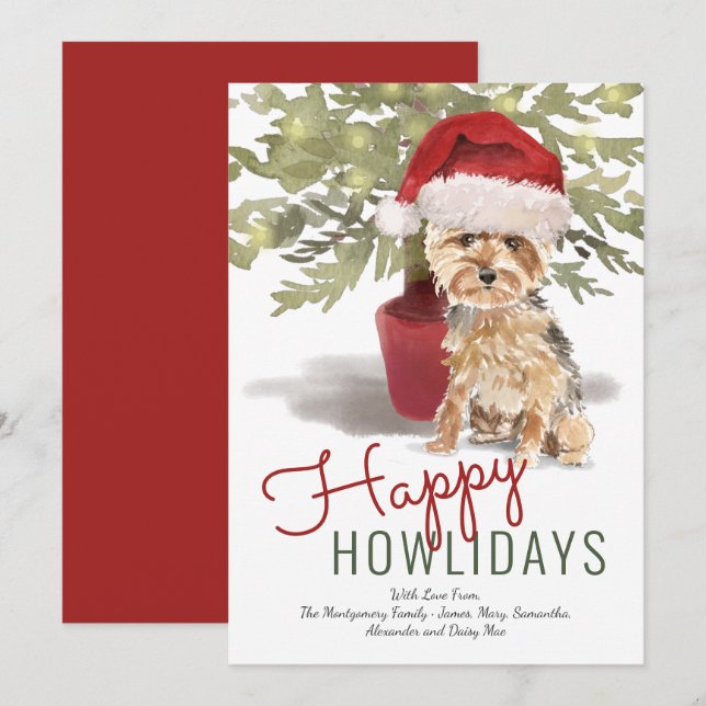 Happy Howlidays Cute Yorkshire Terrier Watercolor Holiday Card (Front/Back)