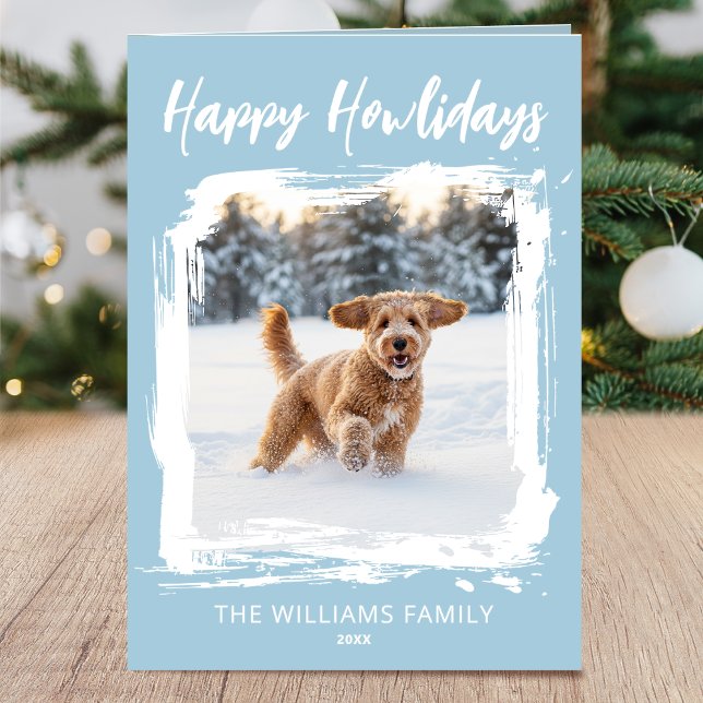 Happy Howlidays Dog 2 Photo Christmas Blue Modern Card (Creator Uploaded)