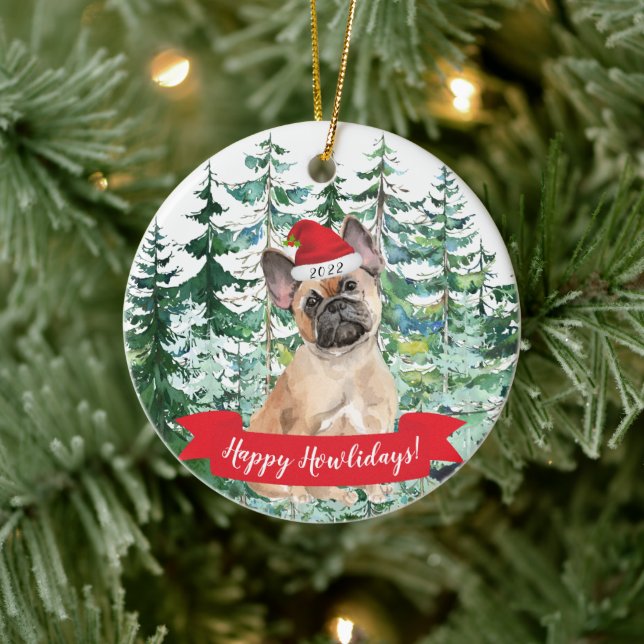 Happy Howlidays French Bulldog Dog Christmas Ornam Ceramic Ornament (Tree)